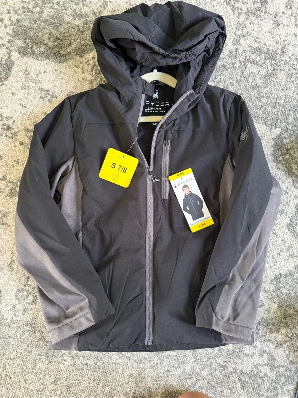 NWT Spyder Kids Black and Gray Hooded Rain Jacket small 7/8